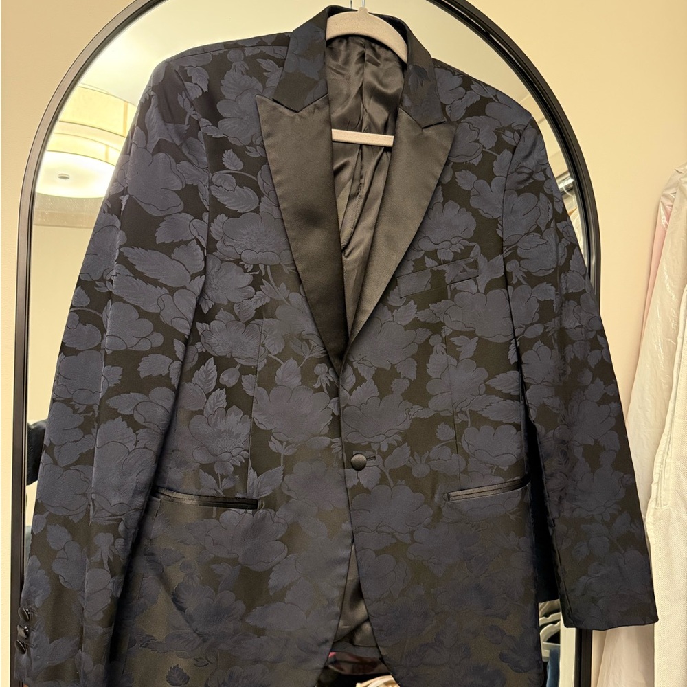 Stylish Blue and Black Sport Coat with Modern Floral Pattern